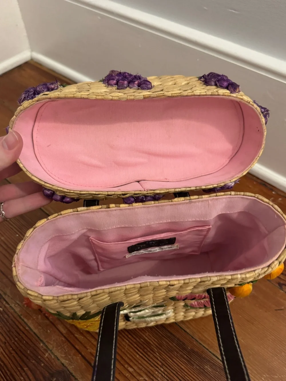 Rafe New York Vintage Straw Braided Basket Bag w/ Embroidered Fruit Square